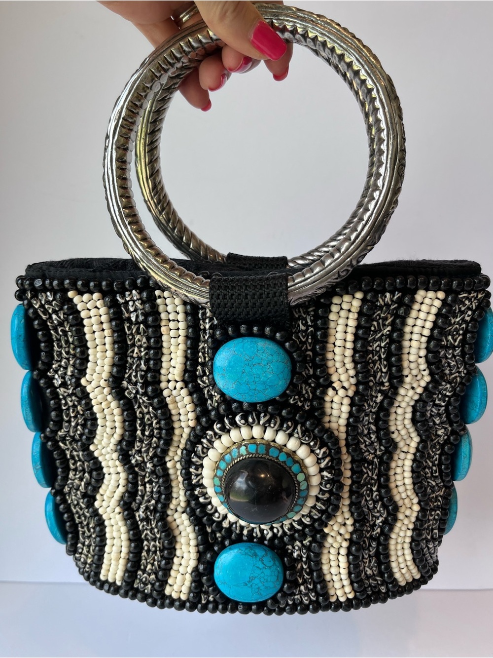 Vintage Beaded Chunky Faux Turquoise Black Handbag Purse Estate Sale - Picture 2 of 16
